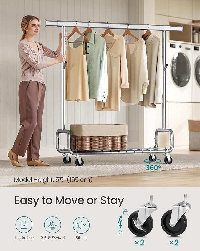 SONGMICS Clothes Rack, Heavy-Duty Rolling Clothing Garment Rack with Wheels, Extendable Hanging Rod and Adjustable Height, Portable, with Shelf and Hooks, Silver UHSR014E01