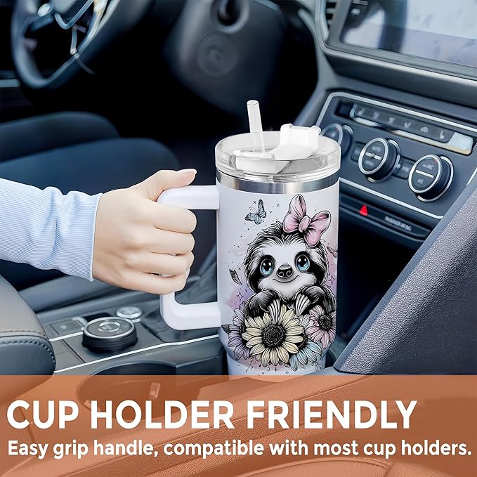 Personalized Sloth 40oz Tumbler with Handle and Straw Gifts for Animal Lovers, Sloth Lovers Gifts for Girl Women, Unique Birthday Christmas Gift Idea, Custom Name Stainless Steel Travel Cup