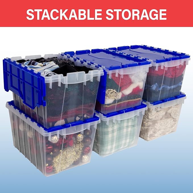 Akro-Mils KeepBox 12 Gallon Storage Container, Nesting and Stackable Plastic Storage Box with Lid Attached and Rails for Letter Size Hanging File Folders, 21" x 15" x 12", Clear/Blue