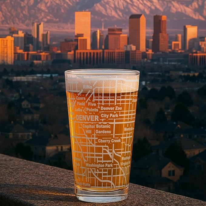 Greenline Goods – Denver, CO Map Pint Beer Glasses (Set of 2), 16 oz – Etched Wrap Design