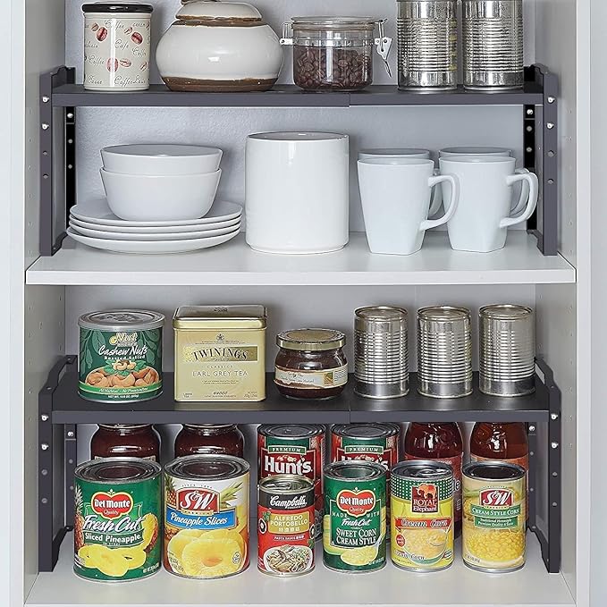 Expandable Shelf for Cabinet Organizer Adjustable and Stackable Spice Rack at Kitchen and Bathroom More, Counter Countertop Cupboard Organization Pantry Storage(LARGE/3PACKS/BLACK)