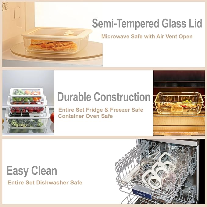 Urban Green Glass Food Container Set with Glass Lid, 6 Pack, Food Storage Containers Set, Airtight, LeakProof, Micowave Safe, 100% Plastic Free, Meal Prep Containers (White Color)