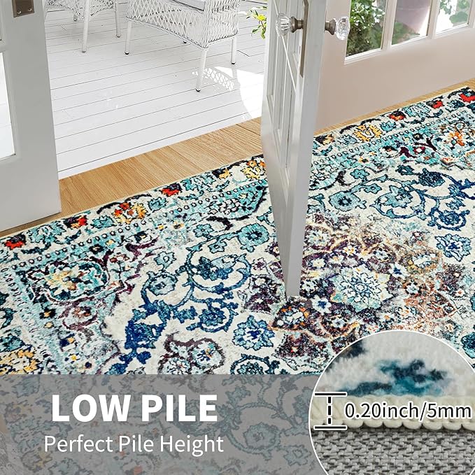 Easy-Going Boho Area Rug 2x3 Washable Entryway Rugs Front Door Mat Indoor Entrance Non-Slip Medallion Distressed Small Entry Rug for Living Room Bedroom Bathroom Lightweight Carpet, Vintage Multi