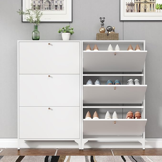 Shoe Cabinet with 3 Flip Drawers, Narrow Shoe Storage Cabinet, Farmhouse Shoe Organizer, Freestanding Organizer with Metal Legs for Entryway, Foyer (3 Door, White)