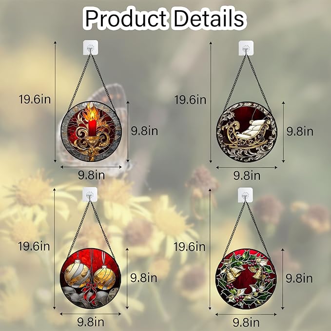 Stained Glass Window Hanging 4 Pcs Set Christmas Golden Bell Sleigh 9.8" - Suncatcher Door Garden Sun Catcher Decor Birthday Mother's Day Xmas Gifts for Mom Woman Nana Men Parents