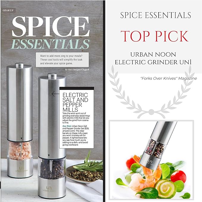 Electric Salt and Pepper Grinder Set - Matte Black Battery Operated Salt & Pepper Mills with Light (Pack of 2) - Automatic One Handed Operation with Adjustable Ceramic Grinders