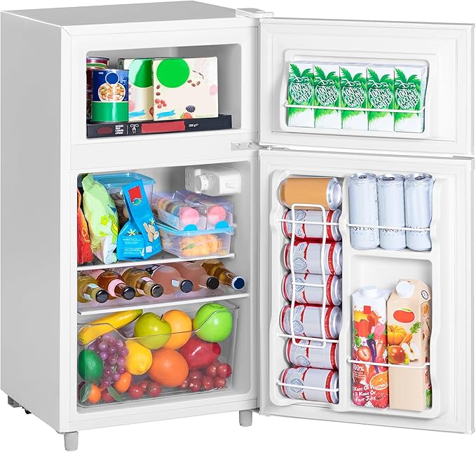 Double Door Refrigerator with Freezer, 3.5 Cu.Ft, Small Fridge with Freezer, 7 Settings Temperature Adjustable, Mini Refrigerator for Office Dorm Bedroom and Apartment (3.5 Cu.Ft, White)