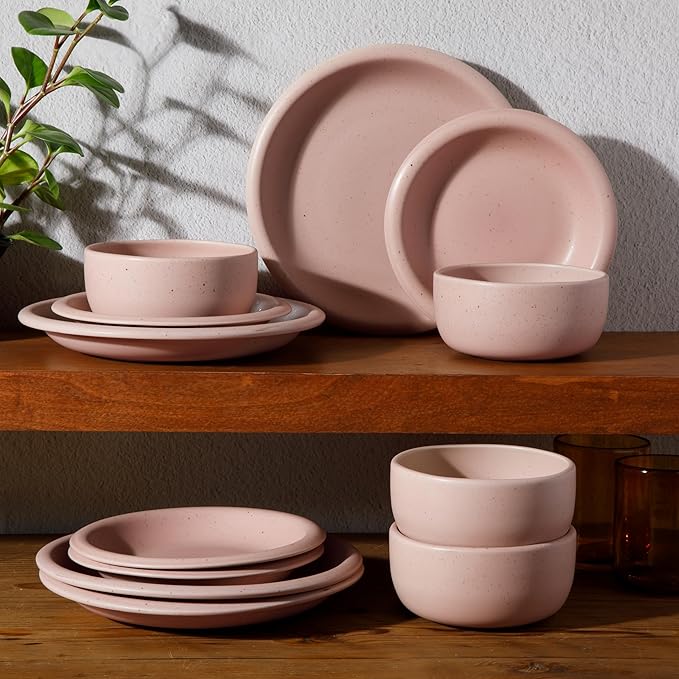 Bloomhouse - Two Time Oprah's Favorite Things Winner - Corsica Clay 12 Piece Stoneware Rustic Reactive Glaze Dinnerware Set - Stackable Plates and Bowls Set. Service for 4 - Matte Prosecco Blush Pink