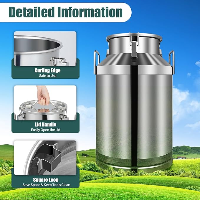 Milk Can Stainless Steel Containers with Lids Old Fashion Milk Jug Metal Bucket with Practical Handles, Sealed Bucket for Milk Water Wine Honey Oil Rice Tea Beans Grains (60L/15.85Gal)