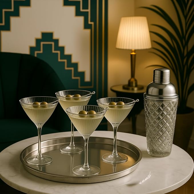 VEMACITY - Silver Luxury Home Mixology Cocktail Shaker Set with Silver Accessories + 2 Ribbed Espresso Martini Glasses - Glass Shaker with Built-In Strainer | Ideal for Christmas & New Years