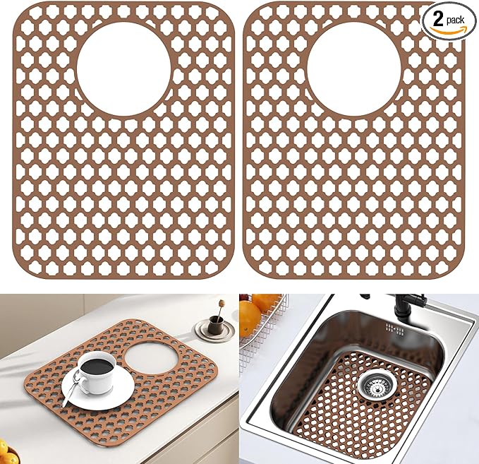 2 Pack Silicone Sink Protector for Kitchen Sink Bathroom, 13.58" x 11.6" Heat-resistant Sink Mat Non-Slip and Durable Silicone Protectors, Rear Drain, Coffee