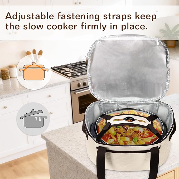 LUXJA Oval Slow Cooker Carrying Bag Compatible with Crock Pot 6-8 Quart, Insulated Slow Cooker Travel Bag with Lid Fasten Straps, Beige