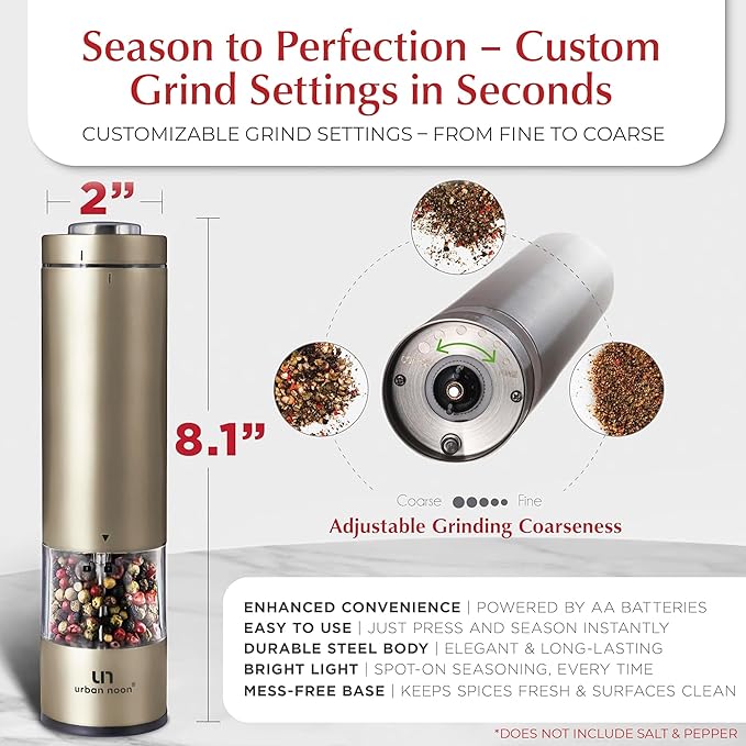 Electric Salt and Pepper Grinder Set - Battery Operated Stainless Steel Mill with Light (2 Mills) - Automatic One Handed Operation - Electronic Adjustable Shakers - Ceramic Grinders Champagne