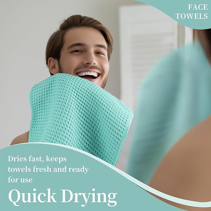 Microfiber Waffle Face Towels, 4 Pieces, Soft, Absorbent, Fast Drying, Lint Free (Turquoise)