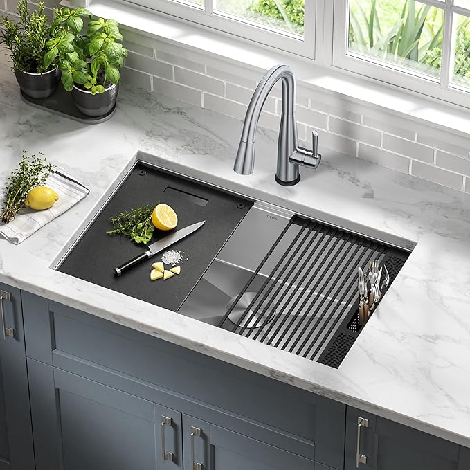 DELTA FAUCET Rivet 30-Inch Workstation Kitchen Sink Undermount 16 Gauge Stainless Steel Single Bowl with WorkFlow Ledge and Chef’s Kit of 6 Accessories, 95B931-30S-SS