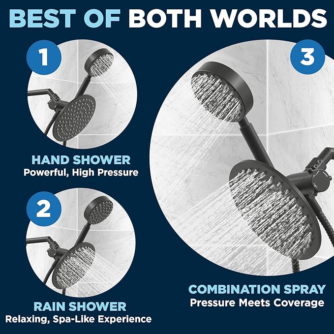 HammerHead Showers® Solid Metal Dual Shower Head Combo – MATTE BLACK – 8 Inch Rainfall High Flow Shower Head & Handheld Shower Head High Pressure with Hose 6ft - Hotel-Like Double Shower Heads