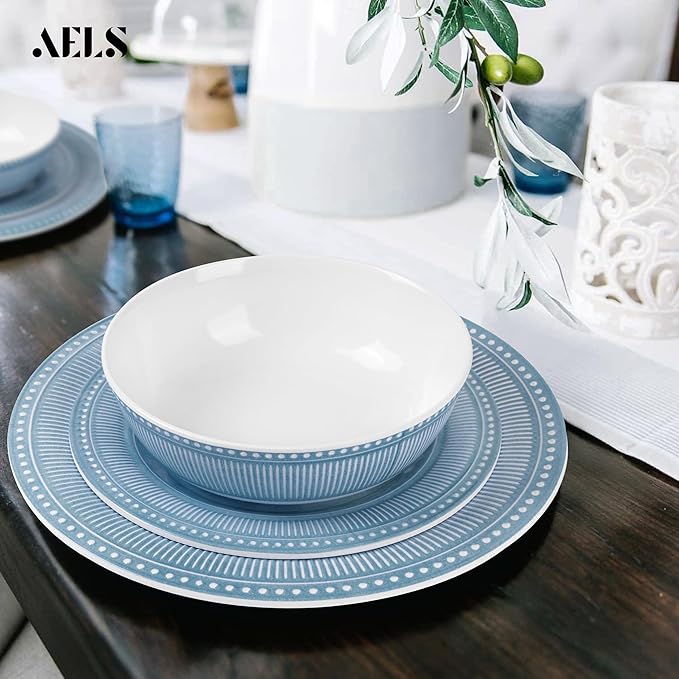 AELS Melamine Dinnerware Set of 12 Pcs, Dinner Dishes Set for Indoor and Outdoor Use, Melamine Plates and Bowls Set for 4, Dishwasher Safe, Lightweight Unbreakable, BPA Free, Blue