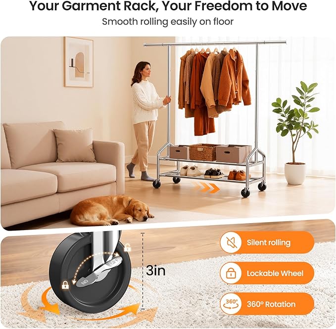 Heavy Duty Clothes Rack, Rolling Clothing Rack for Hanging Clothes with 2 Sturdy Shelves Load 650 LBS, Metal Garment Rack with Wheels for Bedroom, Laundry Room, Retail Store, Silver