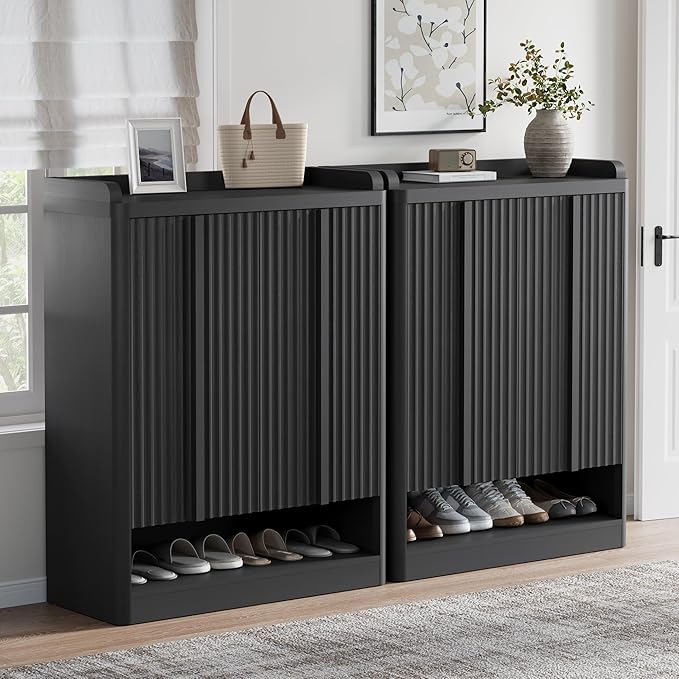 Fluted Shoe Storage Cabinet for Entryway – 45" Tall, 6-Tier Shoe Organizer with 4 Adjustable Shelves, Mid-Century Freestanding Wooden Shoe Rack for Hallway, Living Room, Closet, Black(2PCS)