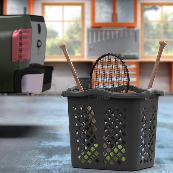 2-Pack 2 Bushel Plastic Laundry Basket with Silver Handles, Space-Saving Dirty Clothes Organizer for Home Apartment Dorm (Black)