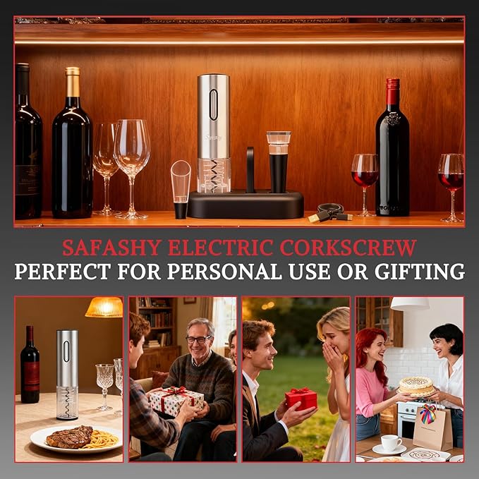 Stainless Steel Rechargeable Electric Wine Opener, 5 IN 1 Automatic Bottle Wine Corkscrew Kit with Foil Cutter, Decanter, Vacuum Stopper, Elegant Wine Gift Sets for Christmas, Date, Champagne