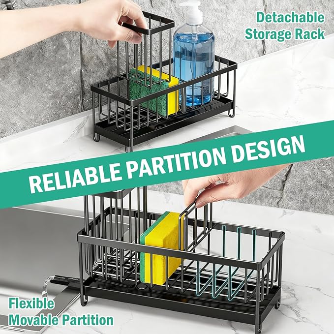 Sponge Holder for Kitchen Sink: 4 Pack Sink Caddy Organizer Complete with High Brush Holder & Auto Drain Tray, Stainless Steel Countertop Storage for Soap Dispenser & Dish Brush, Fast Local Shipping