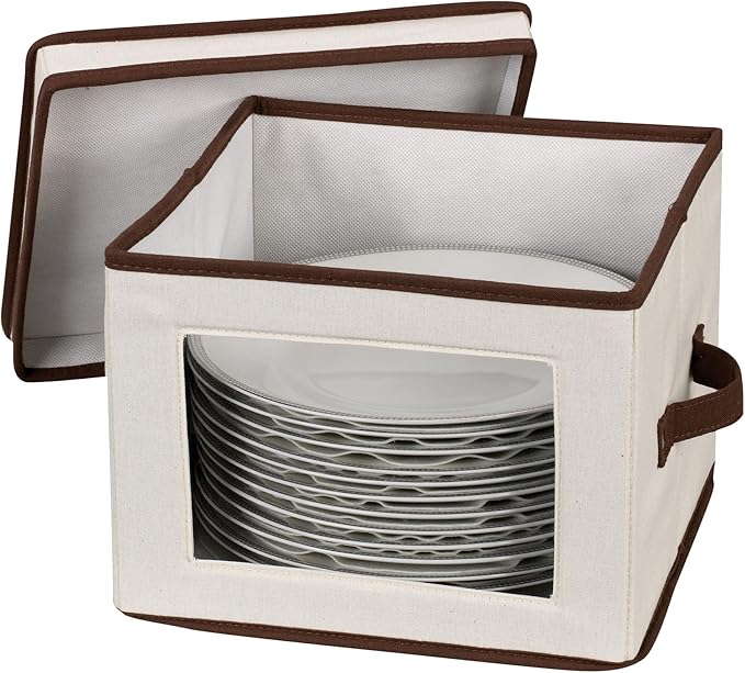 Household Essentials 536 Dinnerware Storage Box with Lid and Handles | Storage Bin for Dinner Plates | Natural Canvas with Brown Trim