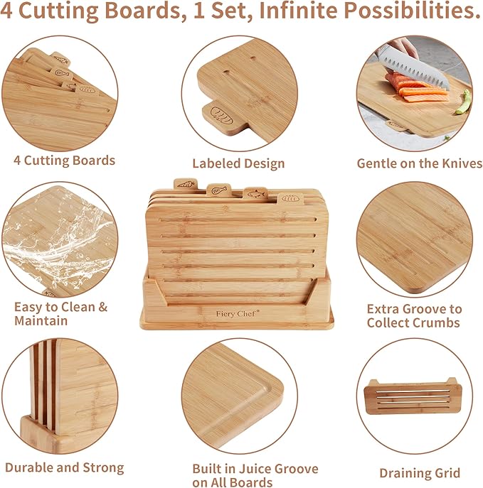 14.56"L x 11"W Bamboo Cutting Board Set of 4 - Wood Cutting Board Set with Holder, Chopping Boards Set with Food Icons, Juice Groove - Ideal for Meat, Fish, Bread, Vegetable, Fruit Chopping