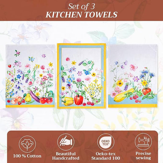 Maison d' Hermine Kitchen Towels Set of 3 100% Cotton 27.50" x 20" Reusable Cloth Tea Dish Towels Absorbent with Hanging Loop for Kitchen, Home, Dining, Cocktail Parties Spring/Summer (Giverny)