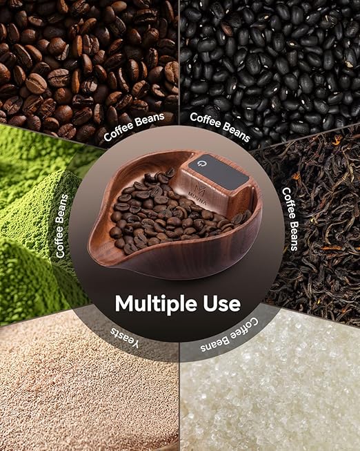 Walnut Coffee Bean Scale and Spray Bottle Kit - MUVNA Mini Rechargeable 0.1 Precision Dosing Tray Walnut Wood with LED Display for Espresso, Tea, Kitchen Spice