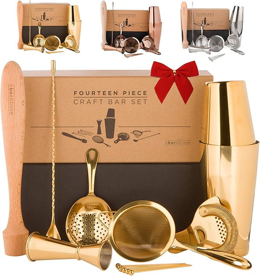 A Bar Above 14-Piece Gold Bartender Kit, Premium Gold-Plated Stainless Steel Barware Gift Set for Home and Professional Use, Includes Cocktail Shaker, Jigger, Strainers, Muddler, Picks, Spoon