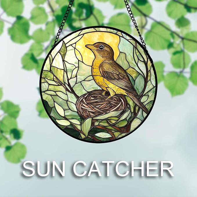 Stained Glass Window Hanging 4 Pcs Set Bird Theme On Branch 9.8" - Cardinal Suncatcher Door Garden Sun Catcher Decor Birthday Christmas for Mom Woman Nana Men