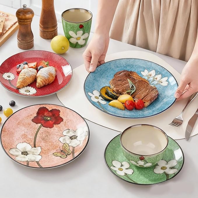 Stoneware 16-Piece Modern Dinnerware Set,Kitchen Plates Bowls and Mug Sets Serves 4,Dishwasher and Microwave Safe,4 colors (Service for 4(16Pcs))