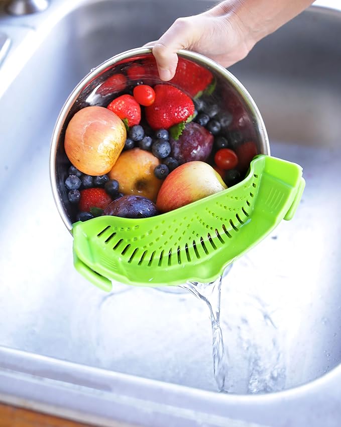 Clip On Kitchen Food Strainer for Spaghetti, Meat, Pasta, & Ground Beef Grease, Colander & Sieve Snaps or Clips Onto Bowls, Pots & Pans Includes Silicone Drainer, Brush & Garlic Peeler (Green)