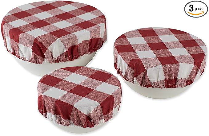DII Reusable Cloth Bowl Cover Collection Machine Washable, Cotton with Elastic Stretch for Food Storage, 10.25"/8.25"/7.5" Diameter, Farmhouse Plaid, Barn Red, 3 Piece