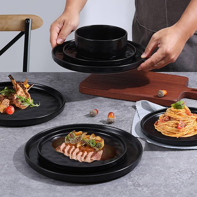 LIANYU 18 Piece Dinnerware Dishes Sets for 6, Stoneware Plates and Bowls Dishware Set, Ceramic Dinning Ware Includes Dinner Salad Plates, Cereal Bowls, Chip & Scratch Resistant, Obsidian Matte Black