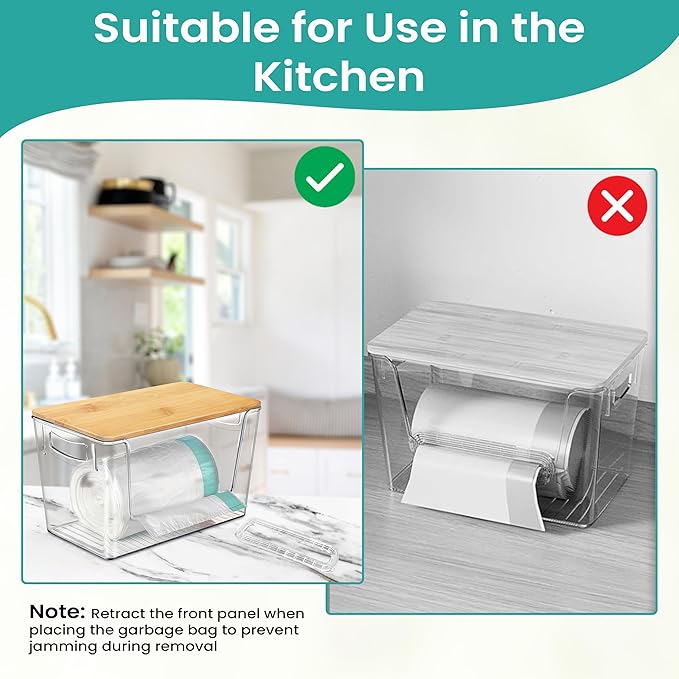 2 Set Pantry Organizers, Storage,Bamboo Lids with Removable Drain Trays, Stackable Clear Bins for Potato, Onion, Vegetables, Fruit, Trash Bag Dispenser, Under Sink Organizer for 4-13 Gal Bags