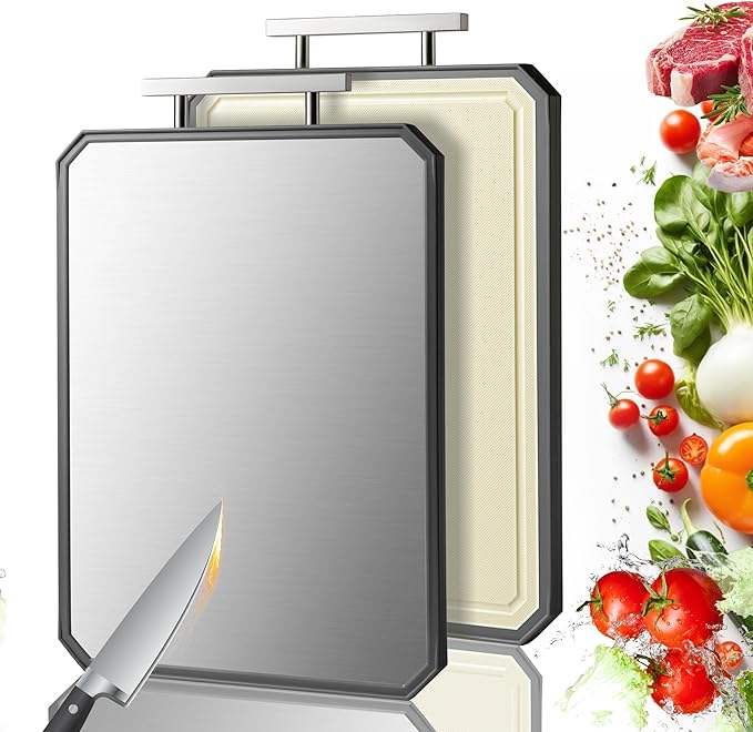 Stainless Steel Cutting Board, Double Sided Stainless Steel/Wheat straw pp Cutting Boards for kitchen, Large Chopping Board with Handle for Meat and Kitchen, 16.7”×10.4”