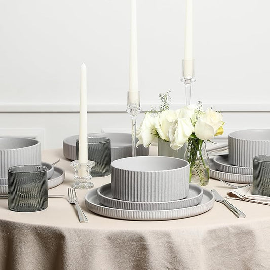 Stone Lain Haven Stoneware 16-Piece Dinnerware Set, Plates and Bowls Sets for 4, Grey Dish Set, Includes Dinner and Salad Plates, Cereal Bowls, Glassware, Microwave & Dishwasher Safe