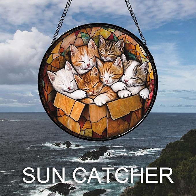 Stained Glass Window Hanging 6 Cute Kittens Large 15" - Cat Gift Suncatcher Door Sun Catcher Decor Birthday Christmas for Lost Pets Mom Men Woman Friend