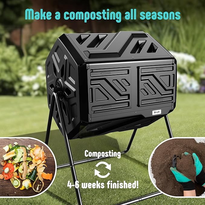 43 Gallon Compost Bin with Gloves, Fast Assembly & Easy Setup Outdoor Compost Tumbler, Updated Dual Chamber Tumbling Composter for for Garden, Kitchen, and Yard Waste, Black