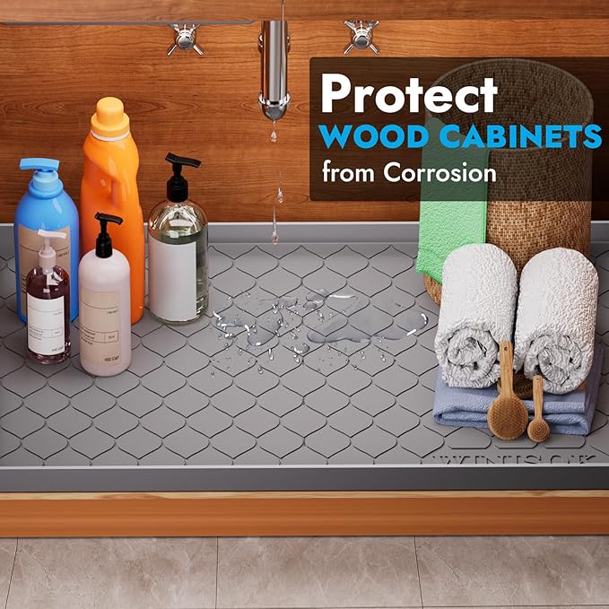 Silicone Under Sink Mat 28" x 22", kitchen Essentials and Gadgets, Shelf liner and Cabinet Protector, Home Organizers and Storage, Waterproof Bathroom Tray