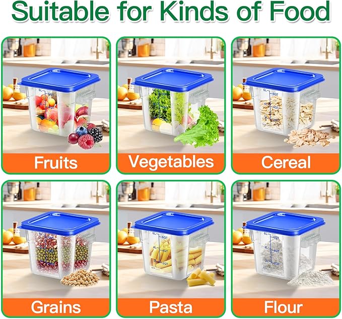 4 pcs 6qt Food Storage Containers with Lid, Square Clear Commercial Food Storage Containers with Handle and Scale for Food Storage in Home Kitchen & Dining (Blue)