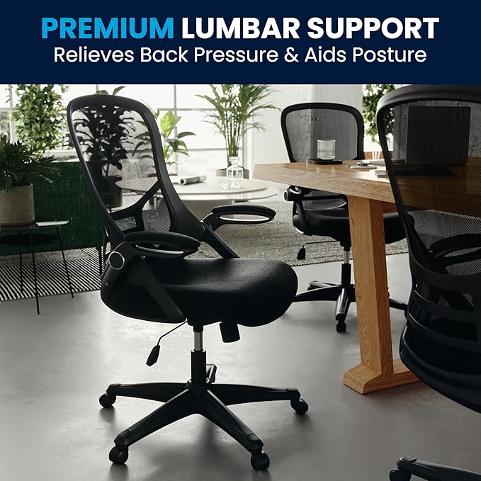 Flash Furniture Porter High Back Black Mesh Ergonomic Swivel Office Chair with Black Frame and Flip-up Arms