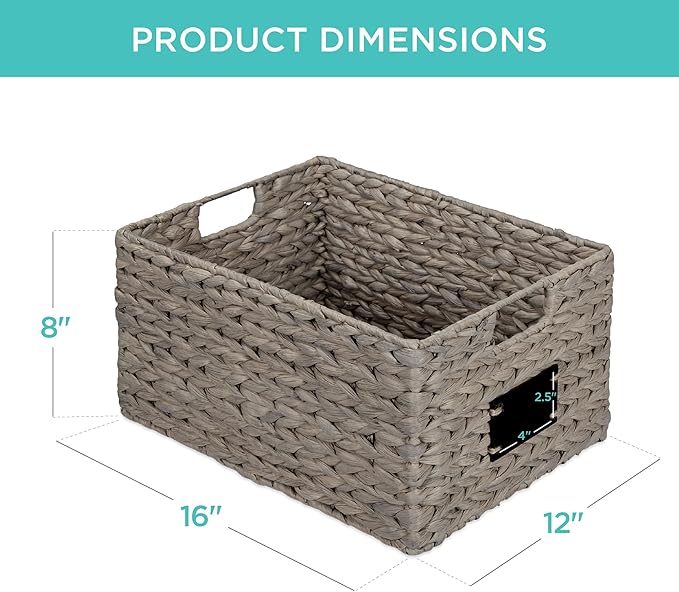 Best Choice Products Pantry Baskets Set of 2 16x12in Water Hyacinth Storage Baskets, Woven Wicker Kitchen Organizers with handles w/Chalkboard Label Chalk Marker - Gray