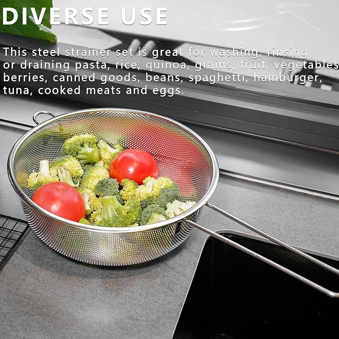 Metal Fine Mesh Strainer and Colander for Kitchen with Handle, Stainless Steel Pasta Strainer/Kitchen Funnel/Collander/Sifter for Strain/Wash Vegetables, Fruits, Spaghetti, Rice (10.2＂)