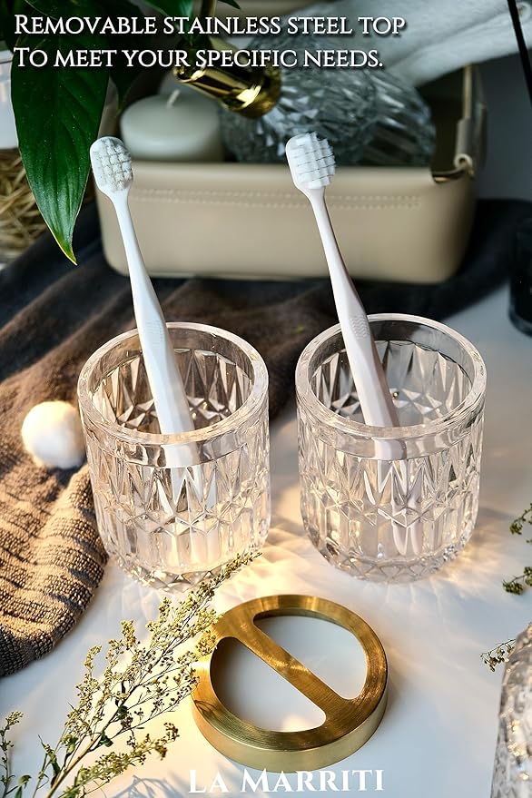 Glass Bathroom Accessories Set, 5pcs Crystal Clear Bathroom Accessories, Toothbrush Holder Set, Soap Dispenser, Soap Dish, Tumbler, Qtips Holder for Vintage Bathroom Decor, Christmas Decor