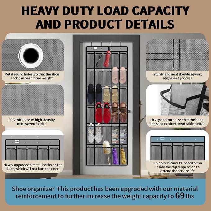 PAULONE Over the Door Shoe Organizer, 30 Multi-Size Large Breathable Mesh Pockets, Reusable Breathable Large Mesh Pockets, Boys' and Girls' Shoe Organizer, Space Saving Hanging Organizer (Gray)