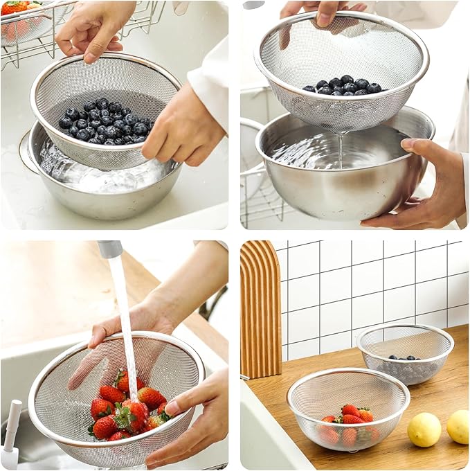 Thickened Stainless Steel Drainage Basket Set Kitchen Multifunctional Rustproof Strainer Durable Oil Drainage Dishwashing Basket(7.87inch)