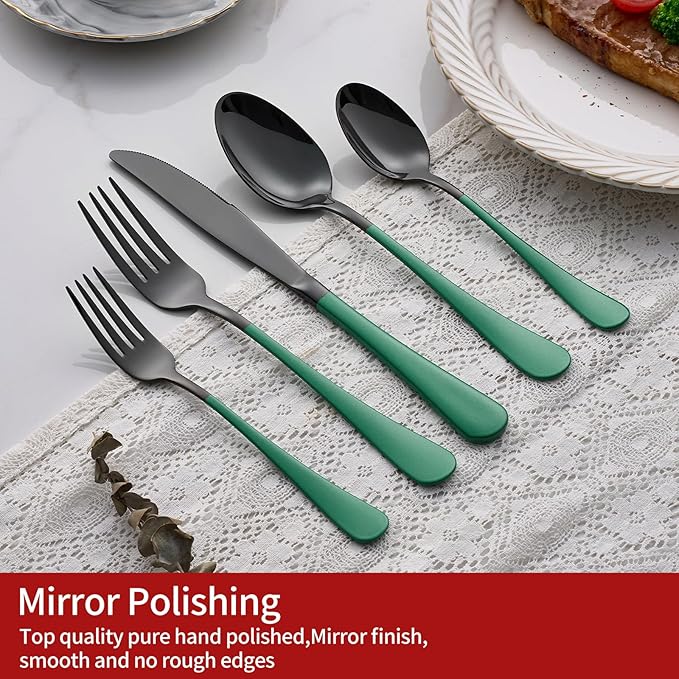 20-Piece Green Silverware Set 18/0 Stainless Steel Silverware Set Green Handle Cutlery Black Set Service for 4 Dinner Knives Forks Spoons Set Flatware SetFinish Dishwasher Safe